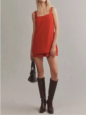 Maeve Vibrant Red Square Neck Sleeveless Romper Dress Zip Closure Size S